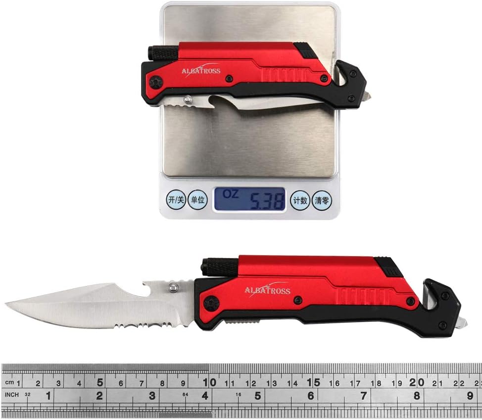6-in-1 Survival Tactical Military Folding Pocket Knife, Black | Knives with LED Light, Seatbelt Cutter, Glass Breaker, Magnesium Fire Starter, Bottle Opener, Multi-Function Emergency Tool