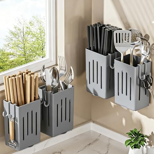 Wall Mounted Kitchen Utensil Drying Racks with Drain Tray and Hooks Grey
