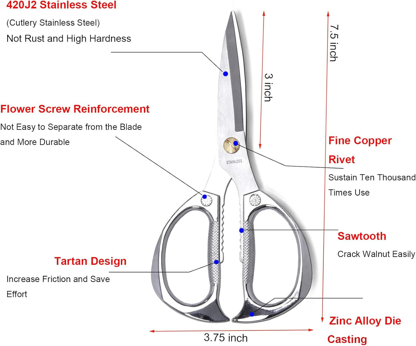 Kitchen Scissors,All Purpose Heavy Duty Kitchen Shears 7.5 Inch | Ultra Sharp Stainless Steel for Cutting Meat Vegetables Herbs BBQ, Office Fabric Craft Use