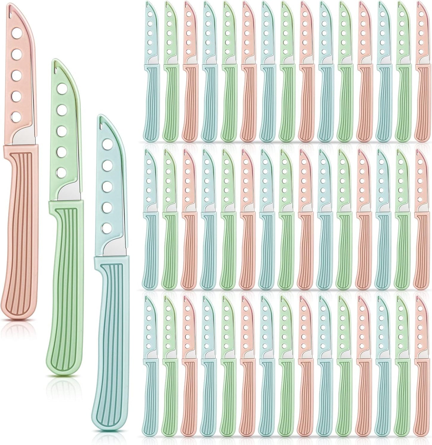 50 Pcs Colored Paring Knife 6.5 x 2.8 Inch Kitchen Fruit and Vegetable Knife with Straight Edge for Chef Cutting Peeling Cooking, Plastic Handle and Sheath, Pink Green Blue