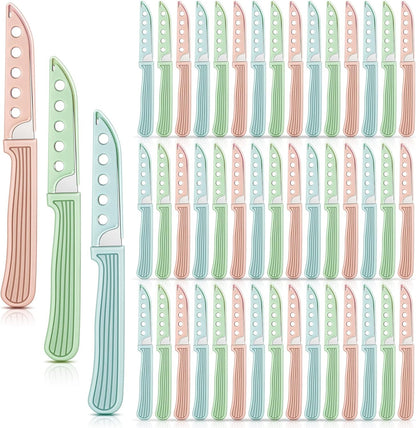 50 Pcs Colored Paring Knife 6.5 x 2.8 Inch Kitchen Fruit and Vegetable Knife with Straight Edge for Chef Cutting Peeling Cooking, Plastic Handle and Sheath, Pink Green Blue