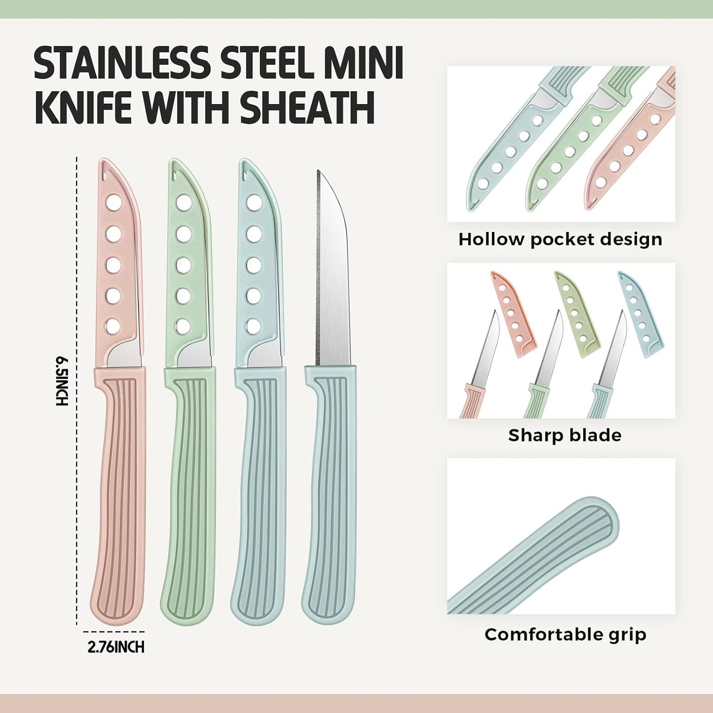 50 Pcs Colored Paring Knife 6.5 x 2.8 Inch Kitchen Fruit and Vegetable Knife with Straight Edge for Chef Cutting Peeling Cooking, Plastic Handle and Sheath, Pink Green Blue