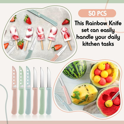 50 Pcs Colored Paring Knife 6.5 x 2.8 Inch Kitchen Fruit and Vegetable Knife with Straight Edge for Chef Cutting Peeling Cooking, Plastic Handle and Sheath, Pink Green Blue