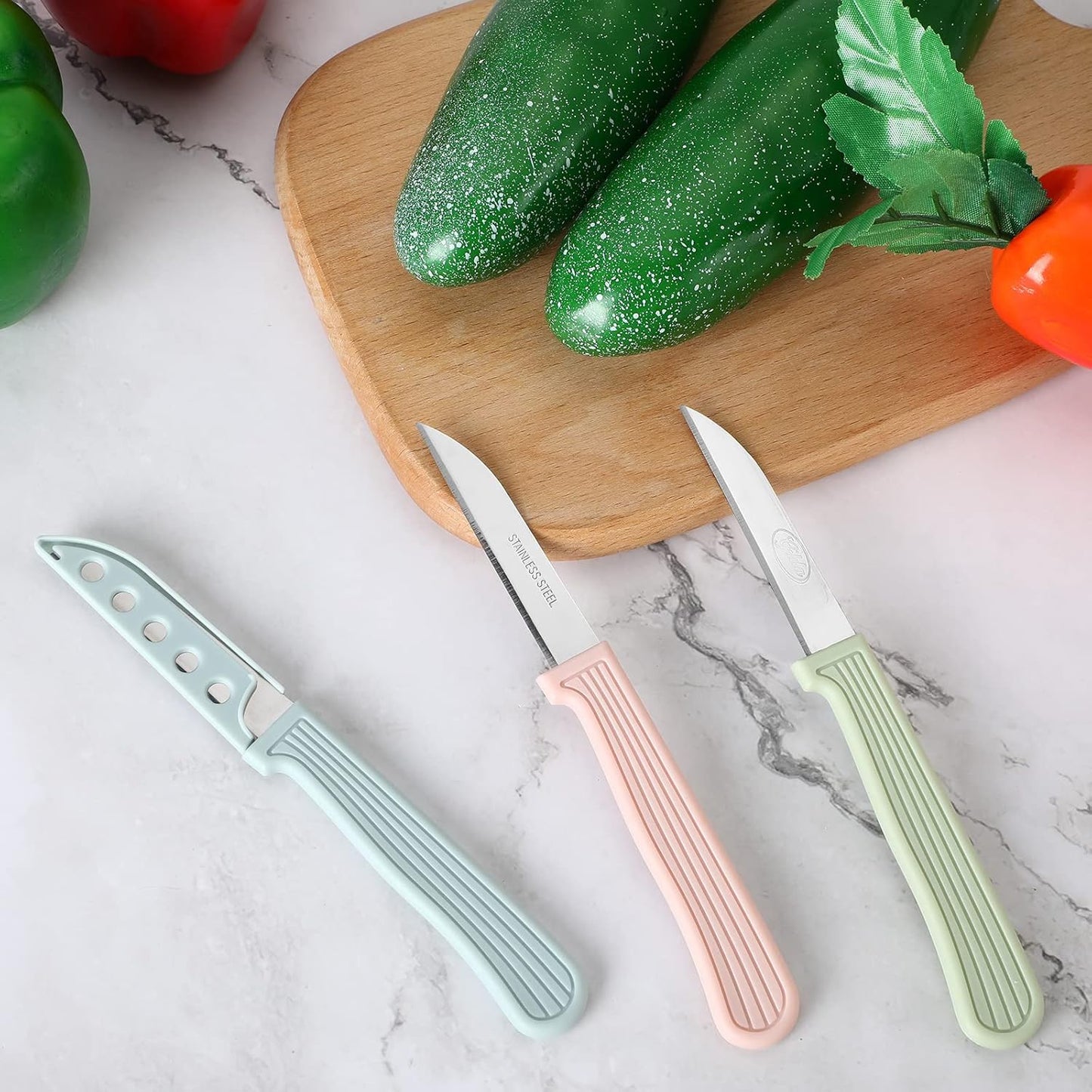 50 Pcs Colored Paring Knife 6.5 x 2.8 Inch Kitchen Fruit and Vegetable Knife with Straight Edge for Chef Cutting Peeling Cooking, Plastic Handle and Sheath, Pink Green Blue