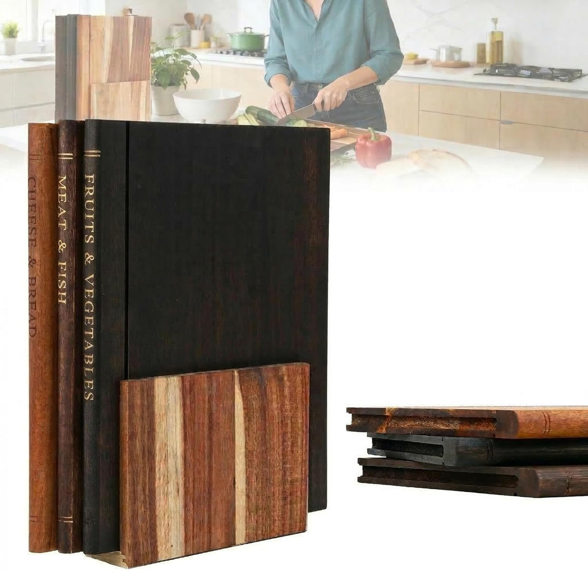 wood cutting board, 3-Piece Book Shaped Cutting Boards with Stand, Solid Walnut & Acacia Wood, Labeled Cheese & Fruit Boards, Kitchen Gift Idea