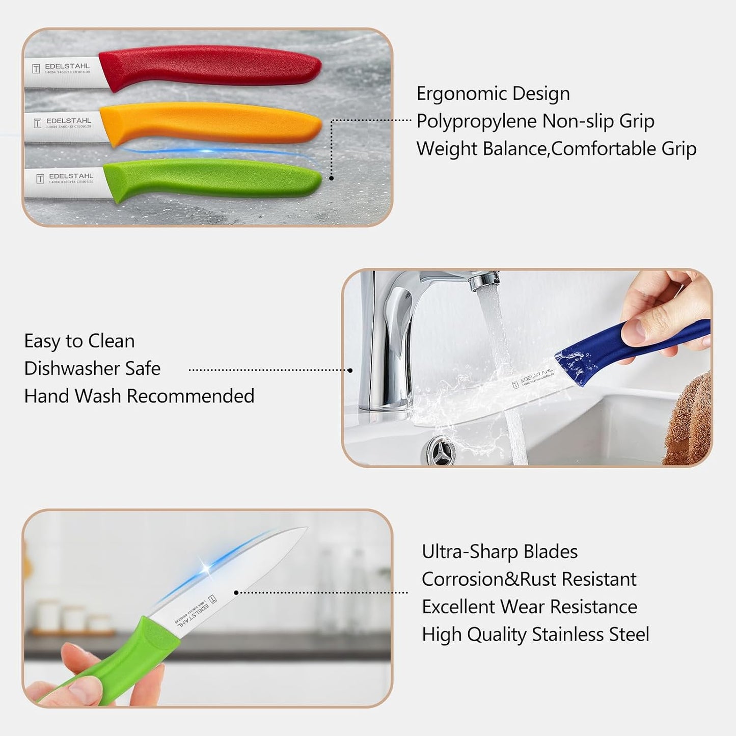Paring and Garnishing Knife,Fruit Knife Set,12 Pieces Stainless Steel Paring Knives,Straight Edge Small Knife Set for Cutting Fruits and Vegetable,Spear Point,Ergonomic Handle,Multicolor