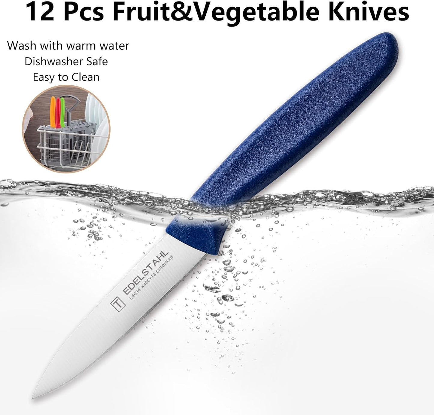 Paring and Garnishing Knife,Fruit Knife Set,12 Pieces Stainless Steel Paring Knives,Straight Edge Small Knife Set for Cutting Fruits and Vegetable,Spear Point,Ergonomic Handle,Multicolor