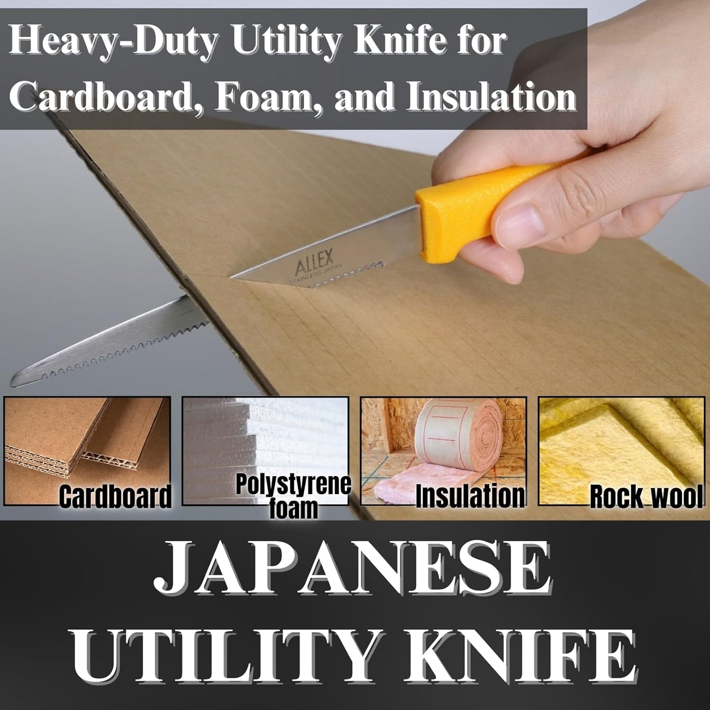 Cardboard Cutter Tool Heavy Duty 5" – Japanese Stainless Steel Blade – Serrated Utility Knife for Cardboard, Styrofoam, Foam, Insulation – Made in Japan – Yellow
