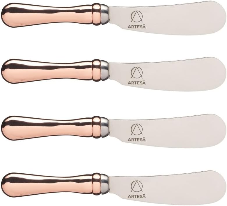 Artesà Butter Knife Set with Rose Gold-Effect Handles, Pack of 4, Knives for Spreading Cheese, Crackers, Butter, Ideal Dinner Party Gift, Stainless Steel, 12cm, Multicolor