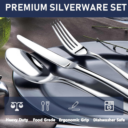 Silverware Set for 8, 40 Piece Stainless Steel Flatware Utensil Cutlery Set | Heavy Duty Steak Knife Fork and Spoon, Dishwasher Safe, Gift Package for Wedding Housewarming