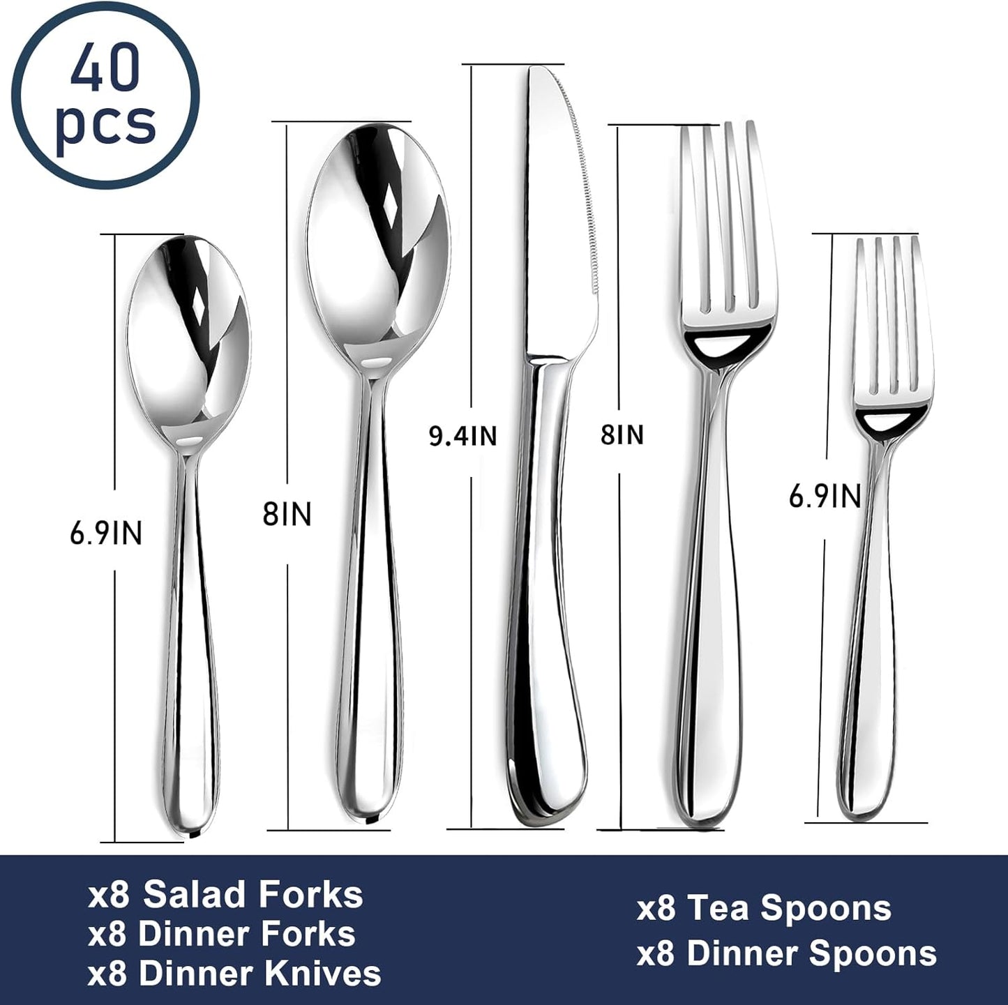 Silverware Set for 8, 40 Piece Stainless Steel Flatware Utensil Cutlery Set | Heavy Duty Steak Knife Fork and Spoon, Dishwasher Safe, Gift Package for Wedding Housewarming