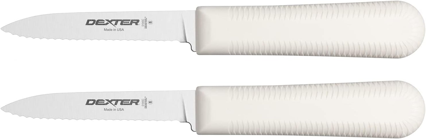 S104SC-2PCP Sani-Safe 15663 Paring Knife Set, 3-1/4" Scalloped Edge DEXSTEEL High Carbon Stain-Free Steel Blades, Textured Non-Slip White Polypropylene Handles, 2 Pack, NSF, USA Made