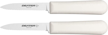 S104SC-2PCP Sani-Safe 15663 Paring Knife Set, 3-1/4" Scalloped Edge DEXSTEEL High Carbon Stain-Free Steel Blades, Textured Non-Slip White Polypropylene Handles, 2 Pack, NSF, USA Made