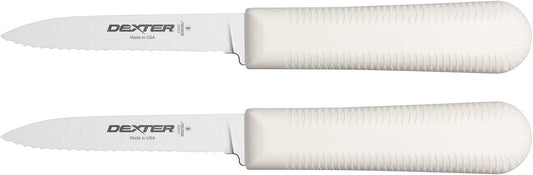 S104SC-2PCP Sani-Safe 15663 Paring Knife Set, 3-1/4" Scalloped Edge DEXSTEEL High Carbon Stain-Free Steel Blades, Textured Non-Slip White Polypropylene Handles, 2 Pack, NSF, USA Made