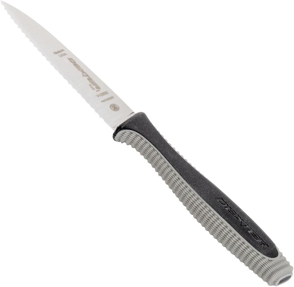 S104SC-2PCP Sani-Safe 15663 Paring Knife Set, 3-1/4" Scalloped Edge DEXSTEEL High Carbon Stain-Free Steel Blades, Textured Non-Slip White Polypropylene Handles, 2 Pack, NSF, USA Made