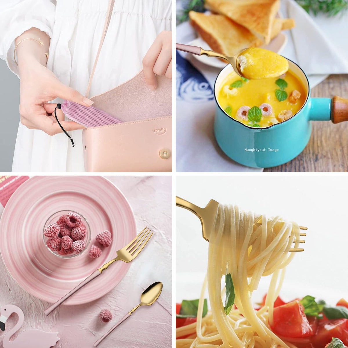 7 Pieces Stainless Steel Flatware Set Portable Reusable Cutlery Set Travel Utensils Set Including Chopsticks Knife Fork Spoon Straws Cleaning Brush Dishwasher Safe (B-Pink Golden)
