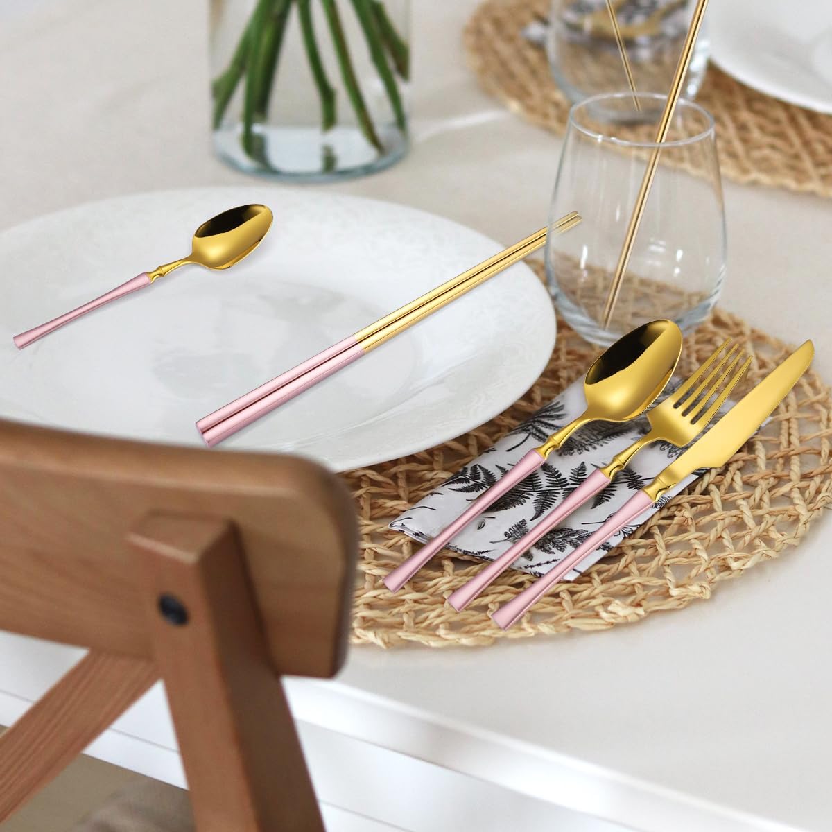 7 Pieces Stainless Steel Flatware Set Portable Reusable Cutlery Set Travel Utensils Set Including Chopsticks Knife Fork Spoon Straws Cleaning Brush Dishwasher Safe (B-Pink Golden)
