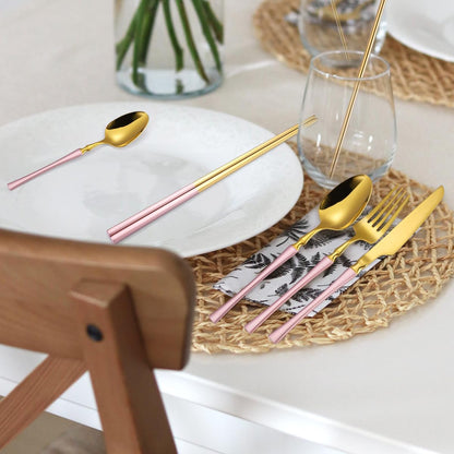 7 Pieces Stainless Steel Flatware Set Portable Reusable Cutlery Set Travel Utensils Set Including Chopsticks Knife Fork Spoon Straws Cleaning Brush Dishwasher Safe (B-Pink Golden)