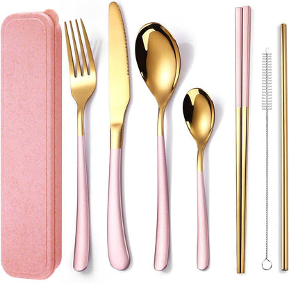 7 Pieces Stainless Steel Flatware Set Portable Reusable Cutlery Set Travel Utensils Set Including Chopsticks Knife Fork Spoon Straws Cleaning Brush Dishwasher Safe (B-Pink Golden)