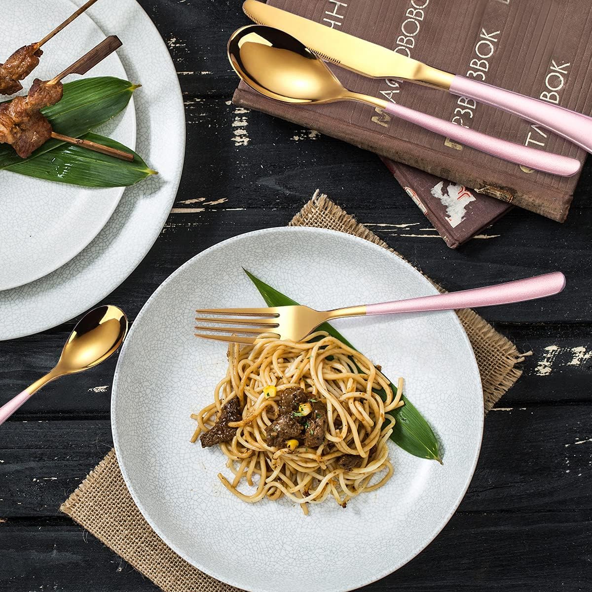 7 Pieces Stainless Steel Flatware Set Portable Reusable Cutlery Set Travel Utensils Set Including Chopsticks Knife Fork Spoon Straws Cleaning Brush Dishwasher Safe (B-Pink Golden)