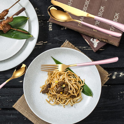 7 Pieces Stainless Steel Flatware Set Portable Reusable Cutlery Set Travel Utensils Set Including Chopsticks Knife Fork Spoon Straws Cleaning Brush Dishwasher Safe (B-Pink Golden)