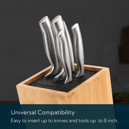 Bamboo Universal Knife Block with Bristles Bamboo Knife Stand Organizer Holder, Convenient Safe Storage for Knives & Utensils, Detachable Bristles for Easy Cleaning