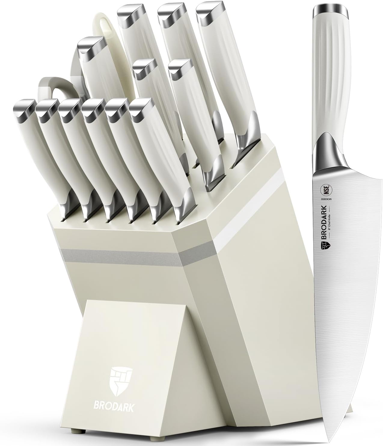 Knife Set, 15PCS White Kitchen Knife Set with Block and Sharpener | German Stainless Steel Kitchen Knife Set, Full Tang Roman Inspired Handle, Modern Luxury Knives, For Everyday Cooking & Gifts