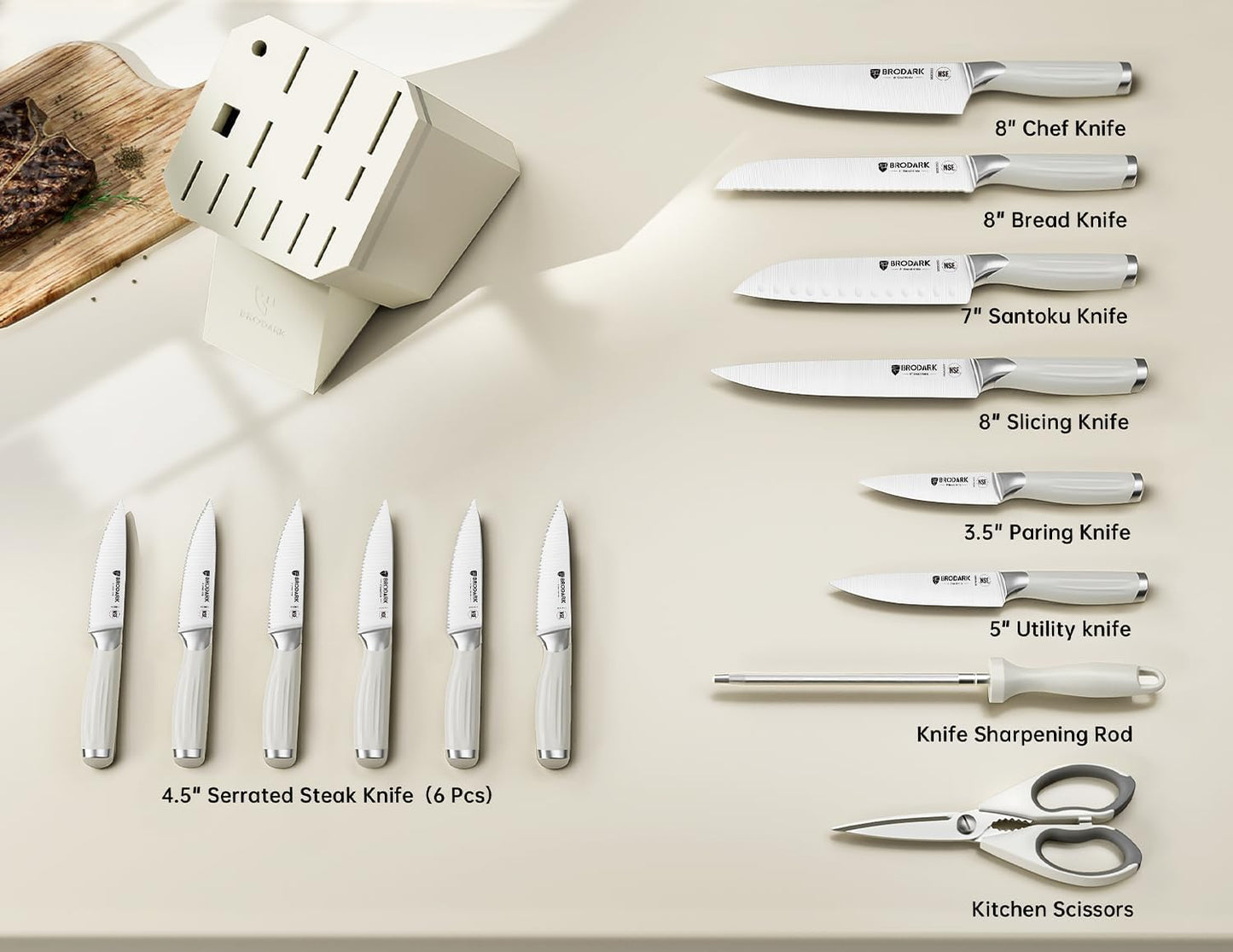 Knife Set, 15PCS White Kitchen Knife Set with Block and Sharpener | German Stainless Steel Kitchen Knife Set, Full Tang Roman Inspired Handle, Modern Luxury Knives, For Everyday Cooking & Gifts