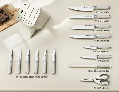 Knife Set, 15PCS White Kitchen Knife Set with Block and Sharpener | German Stainless Steel Kitchen Knife Set, Full Tang Roman Inspired Handle, Modern Luxury Knives, For Everyday Cooking & Gifts