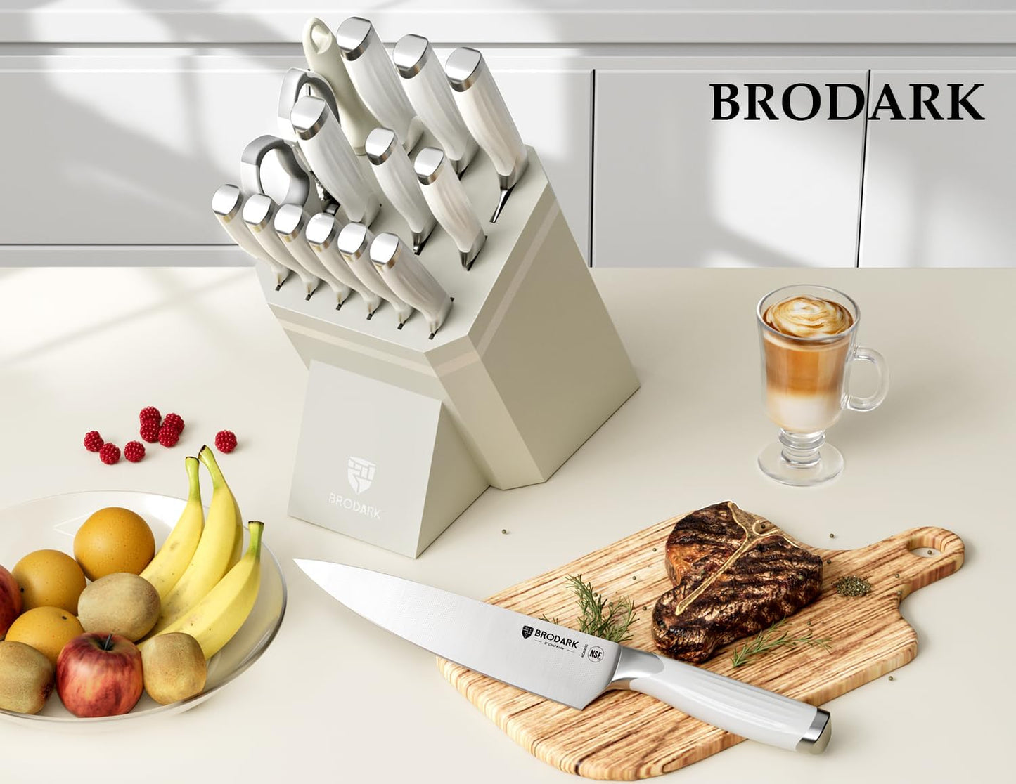 Knife Set, 15PCS White Kitchen Knife Set with Block and Sharpener | German Stainless Steel Kitchen Knife Set, Full Tang Roman Inspired Handle, Modern Luxury Knives, For Everyday Cooking & Gifts