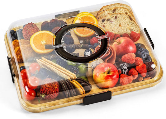 Portable Charcuterie Board with Clear Lid, Cheese & Snack Tray | Reversible bamboo tray with clear lid and 6 compartments for cheese fruit crackers parties light travel and housewarming gift