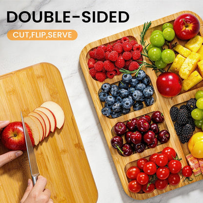 Portable Charcuterie Board with Clear Lid, Cheese & Snack Tray | Reversible bamboo tray with clear lid and 6 compartments for cheese fruit crackers parties light travel and housewarming gift