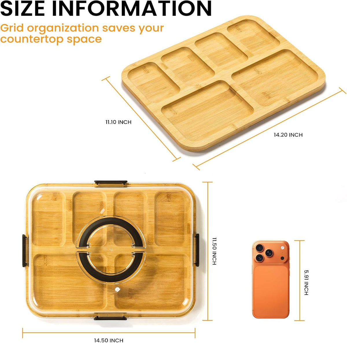 Portable Charcuterie Board with Clear Lid, Cheese & Snack Tray | Reversible bamboo tray with clear lid and 6 compartments for cheese fruit crackers parties light travel and housewarming gift