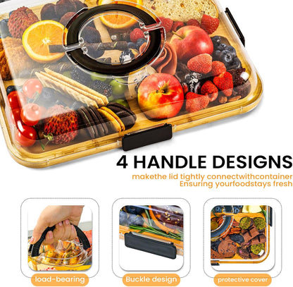 Portable Charcuterie Board with Clear Lid, Cheese & Snack Tray | Reversible bamboo tray with clear lid and 6 compartments for cheese fruit crackers parties light travel and housewarming gift