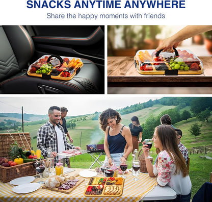 Portable Charcuterie Board with Clear Lid, Cheese & Snack Tray | Reversible bamboo tray with clear lid and 6 compartments for cheese fruit crackers parties light travel and housewarming gift