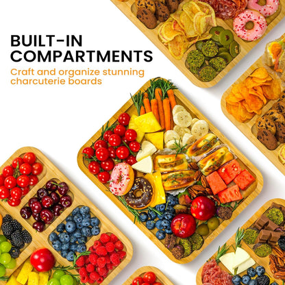 Portable Charcuterie Board with Clear Lid, Cheese & Snack Tray | Reversible bamboo tray with clear lid and 6 compartments for cheese fruit crackers parties light travel and housewarming gift