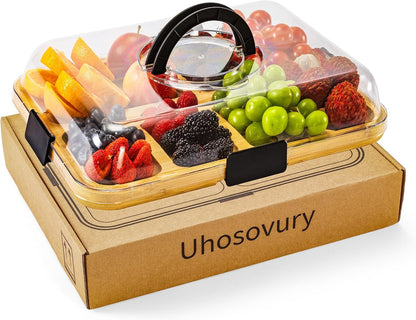 Portable Charcuterie Board with Clear Lid, Cheese & Snack Tray | Reversible bamboo tray with clear lid and 6 compartments for cheese fruit crackers parties light travel and housewarming gift