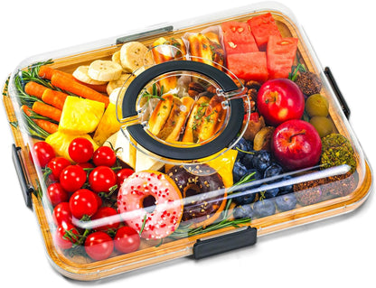 Portable Charcuterie Board with Clear Lid, Cheese & Snack Tray | Reversible bamboo tray with clear lid and 6 compartments for cheese fruit crackers parties light travel and housewarming gift