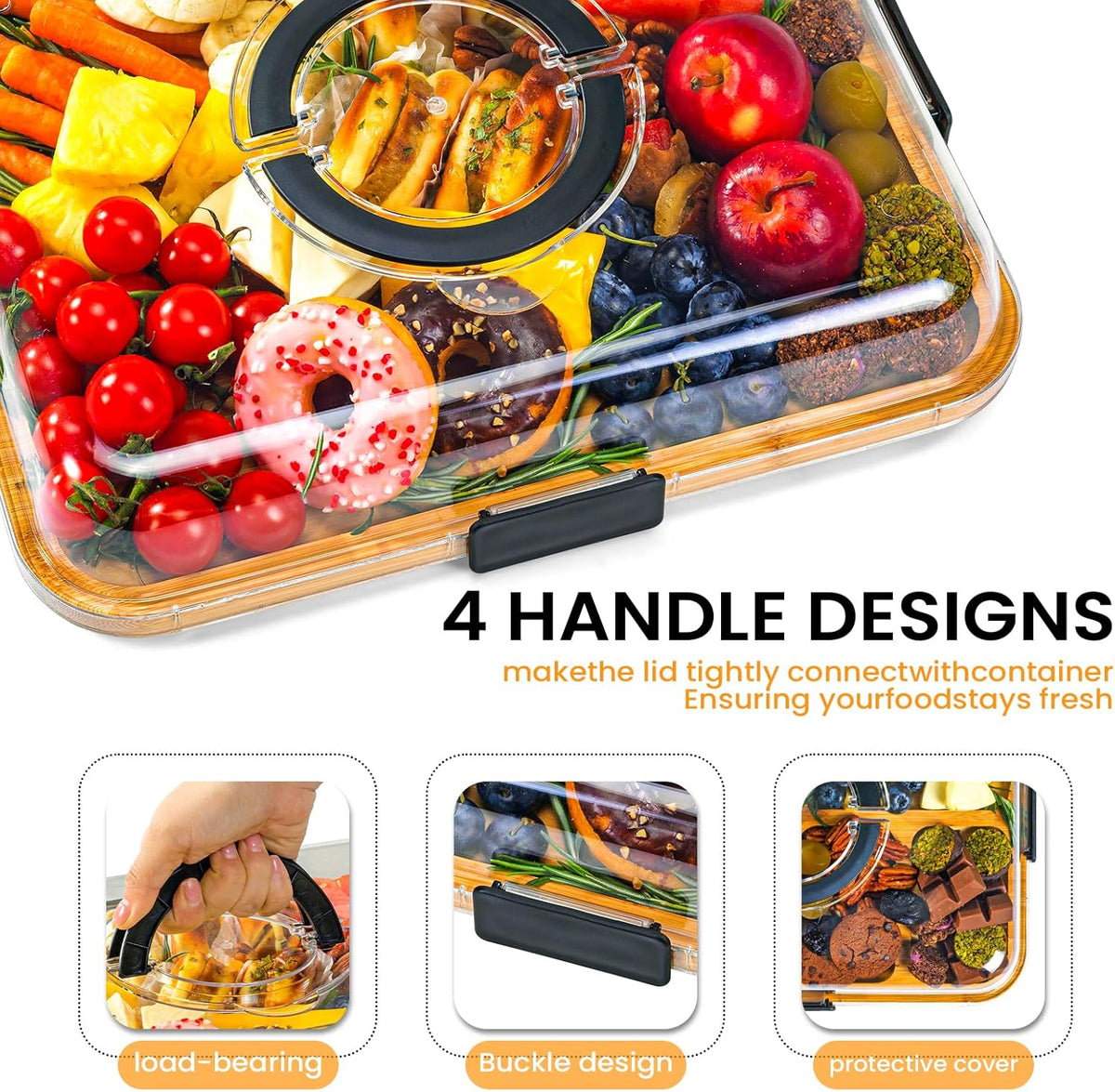 Portable Charcuterie Board with Clear Lid, Cheese & Snack Tray | Reversible bamboo tray with clear lid and 6 compartments for cheese fruit crackers parties light travel and housewarming gift