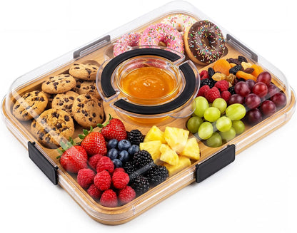 Portable Charcuterie Board with Clear Lid, Cheese & Snack Tray | Reversible bamboo tray with clear lid and 6 compartments for cheese fruit crackers parties light travel and housewarming gift