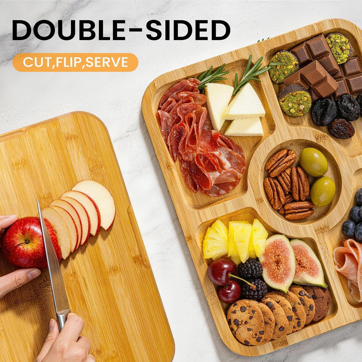 Portable Charcuterie Board with Clear Lid, Cheese & Snack Tray | Reversible bamboo tray with clear lid and 6 compartments for cheese fruit crackers parties light travel and housewarming gift