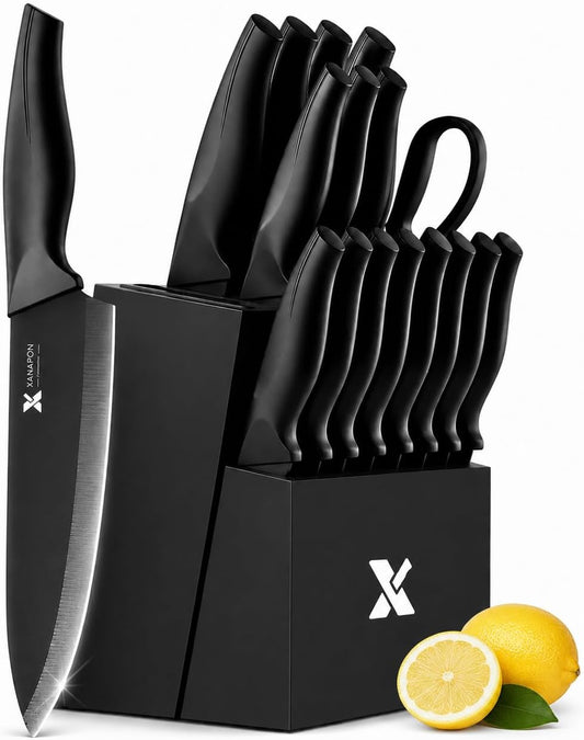 19-Piece Black Kitchen Knife Set with Block and Built-in Sharpener, High Carbon Stainless Steel Chef Knives Set for Kitchen with 8 Steak Knives, Ergonomic Handles, Perfect Housewarming Gift