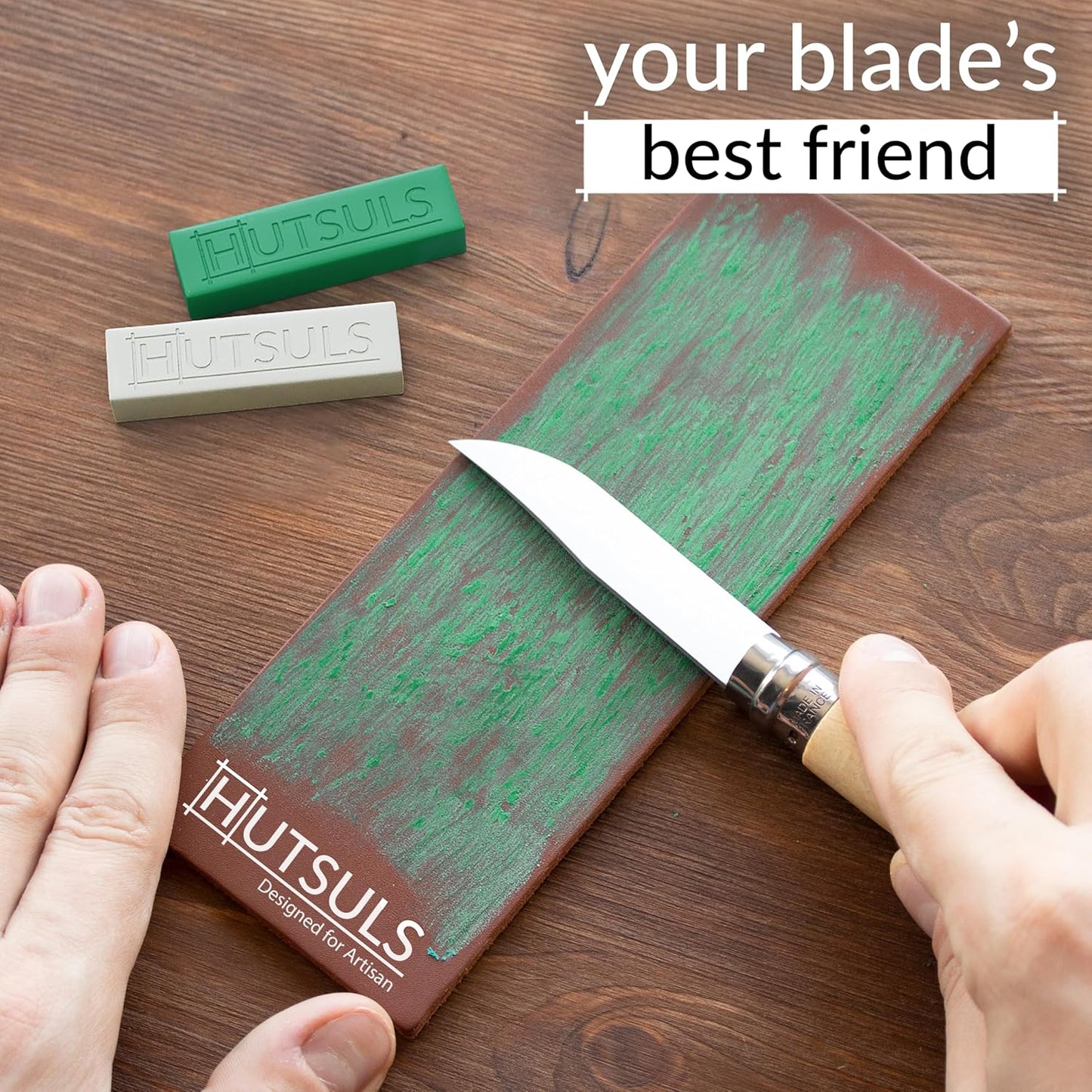 Knife Stropping Leather for Sharpening - Get Razor-Sharp Edges with Leather Strop for Knife Sharpening Easy to Use Leather Sharpening Strop with Green & White Strop Compound Step-by-Step Guide