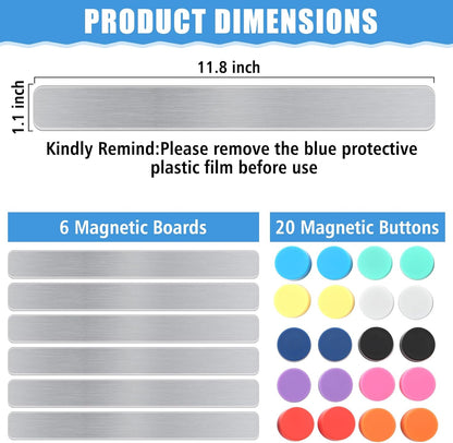 6Pcs Magnetic Strip, Metal Magnet Board with 20 pcs Colorful Magnet | Magnetic Strips with Adhesive Backing for DIY, whiteboards & Fridge