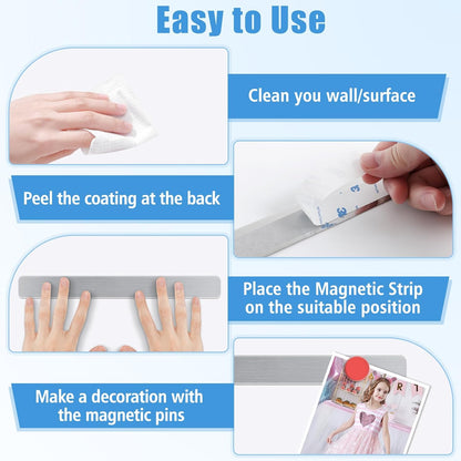 6Pcs Magnetic Strip, Metal Magnet Board with 20 pcs Colorful Magnet | Magnetic Strips with Adhesive Backing for DIY, whiteboards & Fridge