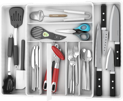 Expandable Kitchen Drawer Flatware Organizer, White | Expandable & Adjustable Cutlery Drawer Organizer - Large Utensil and Flatware Tray for Kitchen Drawers