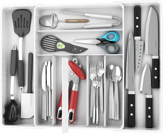 Expandable Kitchen Drawer Flatware Organizer, White | Expandable & Adjustable Cutlery Drawer Organizer - Large Utensil and Flatware Tray for Kitchen Drawers