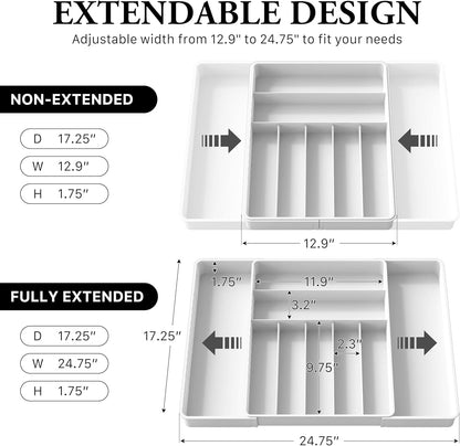 Expandable Kitchen Drawer Flatware Organizer, White | Expandable & Adjustable Cutlery Drawer Organizer - Large Utensil and Flatware Tray for Kitchen Drawers