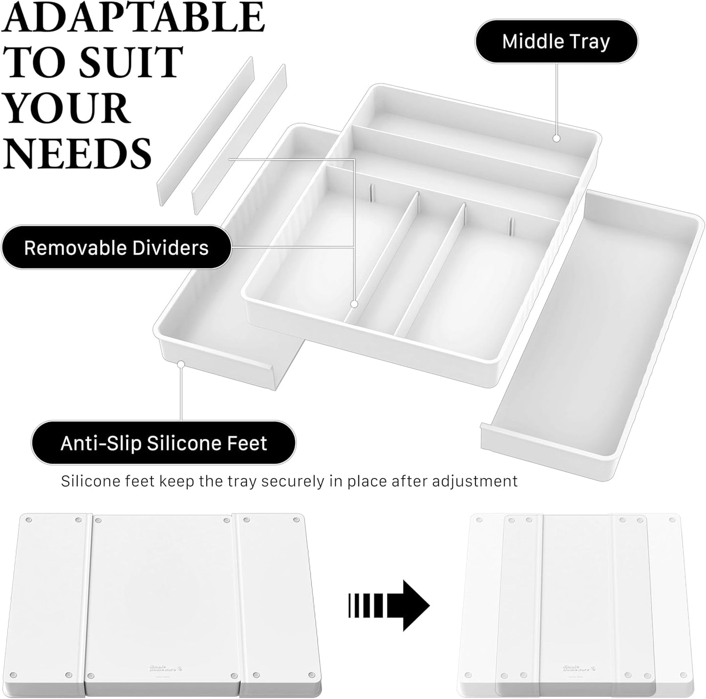 Expandable Kitchen Drawer Flatware Organizer, White | Expandable & Adjustable Cutlery Drawer Organizer - Large Utensil and Flatware Tray for Kitchen Drawers
