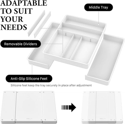 Expandable Kitchen Drawer Flatware Organizer, White | Expandable & Adjustable Cutlery Drawer Organizer - Large Utensil and Flatware Tray for Kitchen Drawers